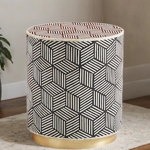 Handmade Bone Inlay End Table: Black & White Chevron Accent