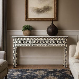 Bone Inlay Console Table with Floral Pattern – Handmade 3 Drawer Entryway Table – Black and White Indian Inlay Furniture