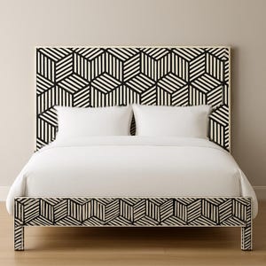 Handmade Bone Inlay Bed Frame – Black & White Geometric Cube Design – Modern Optical Inlay Bed – Artisan Boho Bedroom Furniture