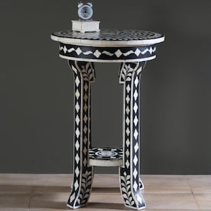 Handmade Bone Inlay End Table: Black & White Floral Accent, Boho Nightstand