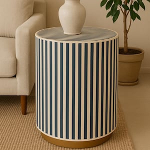 Handmade Bone Inlay End Table: Blue & White Striped Side Table with Gold Base