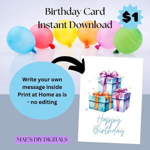 Adult's Birthday Card, general birthday carded, Gifts card, blank inside card, print at home now birthday, birthdays card for friend.
