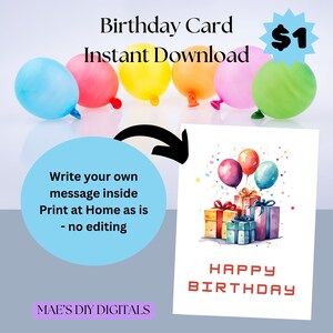 Adult's Birthday Card, general birthday carded, Gifts card, blank inside card, print at home now birthday, birthdays card for friend.