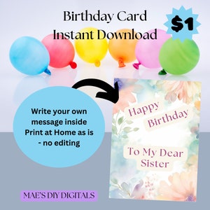Adult's Birthday Card, general birthday carded, Floral card, blank inside card, print at home now birthday, birthdays card for friend.