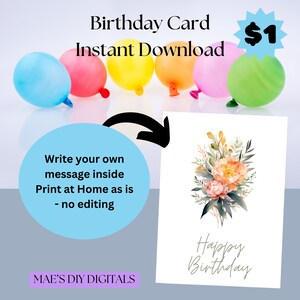 Adult's Birthday Card, flowers birthday carded, Gifts card, blank inside card, print at home now birthday, birthdays card for friend.