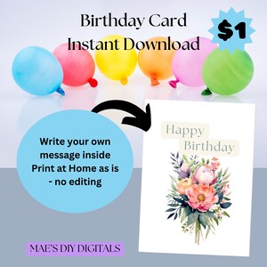 Adult's Birthday Card, Flowers birthday carded, Gifts card, blank inside card, print at home now birthday, birthdays card for friend.
