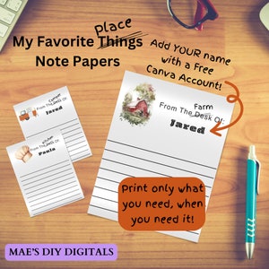 May include: Printable note paper templates with a farmhouse theme. The note paper features a red barn with a watercolor background. The text on the note paper says "Farm From The Desk Of: Jared".