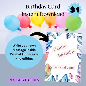 Adult's Birthday Card, Gems birthday carded, Gifts card, blank inside card, print at home now birthday, birthdays card for friend.