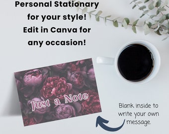 Personal Note Cards-Edit in Canva, print at home, 2/page, Moody Floral, all occasion, blank inside, write own sentiment, thank you.