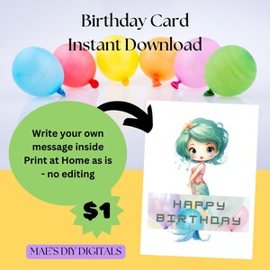 Childrens birthday card, mermaid birthday card, Birthday Card for girl, childrens downloadable birthday carded, print at home last minute