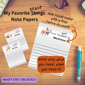 Può includere: Modelli di carta per appunti stampabili con un design fantasioso che presenta un camper, una cucina e un fienile. Il testo "My Favorite Things Note Papers" è nella parte superiore dell'immagine. Il testo "Add YOUR name with a Free Canva Account!" è sul lato destro dell'immagine. Il testo "Print only what you need, when you need it!" è nella parte inferiore dell'immagine.