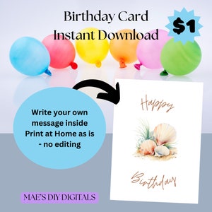 Adult's Birthday Card, generic birthday cards, Beach lover card, blank inside card, print at home now birthday, birthdays card for friend.