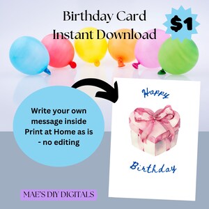 Adult's Birthday Card, general birthday carded, Gifts card, blank inside card, print at home now birthday, birthdays card for friend.