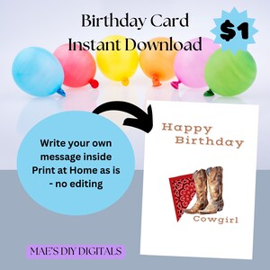 Children's birthday card, Cowgirl birthday card, Birthday Card for girl, childrens downloadable birthday carded, print at home last minute
