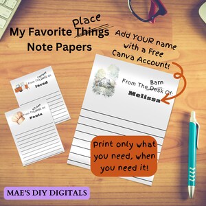 Puede incluir: Plantillas de papel para notas imprimibles con un tema rústico. Los papeles para notas presentan ilustraciones de un granero, una caravana y una cocina. El texto "From The Desk Of" está incluido en cada plantilla. El texto "Place My Favorite Things Note Papers" está en la parte superior de la imagen. El texto "Add YOUR name with a Free Canva Account!" también está incluido.