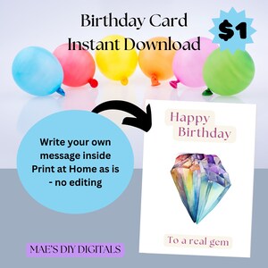 Adult's Birthday Card, gems birthday carded, Gifts card, blank inside card, print at home now birthday, birthdays card for friend.