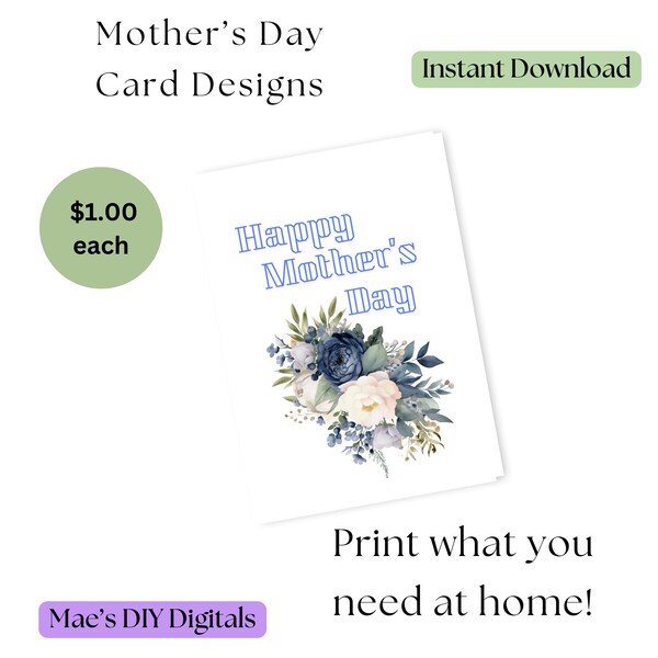 Mother's Day Card - Instant Download, print at home, write your own message inside, requires only 1 sheet of card stock.