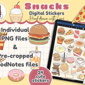 Cute Fast Food Digital Stickers, Kawaii Junk Food Sticker, Snacks and Drinks GoodNotes Stickers, Pre-cropped PNG, Printable Journal Stickers