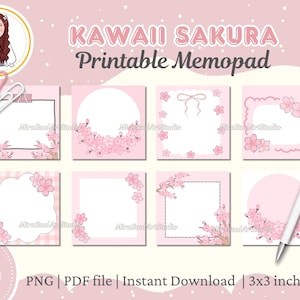 Puede incluir: Seis diseños de bloc de notas imprimibles con un fondo a cuadros rosa y blanco, flores de cerezo rosas y un espacio en blanco para escribir. El texto "KAWAII SAKURA Printable Memopad" está en la parte superior de la imagen. El texto "6 Cute Designs" está en la parte inferior de la imagen. El texto "PNG | PDF file | Instant Download | 3x3 inch" también está en la parte inferior de la imagen.