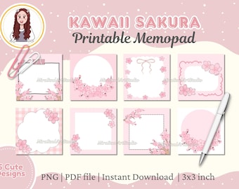 8 Sakura Printable Memopad, Kawaii Cherry Blossoms Design Digital To do list, Cute Pink Notepad, Digital Sticker Memo pad, Instant Download