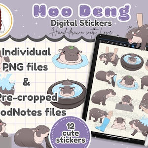 Moo Deng Digital Stickers, Baby Hippo GoodNotes Sticker, Kawaii Pygmy Hippo Printable Stickers, Trending Hippo in Thailand, Cute PNG sticker