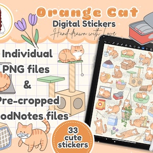 Orange Cat Digital Stickers, Kawaii Goodnotes Sticker, Cute and Playful Feline PNG,  Stickers for Planners, Journals, and Digital Crafts