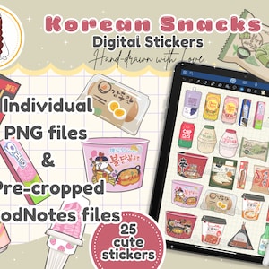 koreanische Snacks GoodNotes digitale Aufkleber, Kawaii Supermarkt Essen druckbare Aufkleber Bogen, digitaler Planer, asiatische Küche PNG Clipart