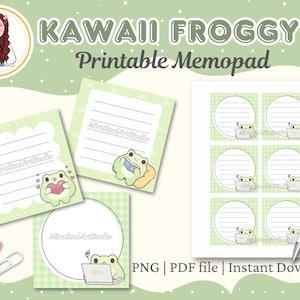 May include: Printable memo pad featuring a cute frog design. The memo pad has a green background with white lines and a frog holding a heart. The memo pad also has a green and white checkered background with a frog holding a laptop. The text "KAWAII FROGGY Printable Memopad" is at the top of the image.