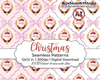 Coquette Christmas Seamless Pattern, Cute Santa Claus Hand drawn Pattern, Holiday Repeat Pattern, Pink Bows Pattern for commercial use
