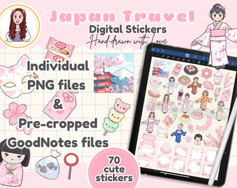 70 pegatinas digitales de GoodNotes sobre Japón, bonitas pegatinas digitales para planificadores de viajes a Japón, imágenes prediseñadas dibujadas a mano, hojas de pegatinas japonesas kawaii para imprimir