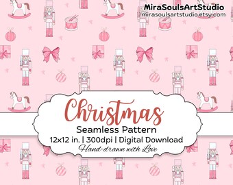 Pink Nutcracker Christmas Seamless Pattern, Pretty Coquette Digital Paper, Holiday Repeat Pattern, Printable Pattern for Crafts