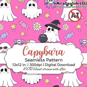 Ghost Halloween Seamless Pattern, Cute Ghost Repeat Pattern Background, Kawaii Spooky Printable Pattern for Crafts, Commercial Use