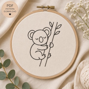 Cute Sleepy Koala Embroidery Pattern – Beginner Friendly Hand Stitch Design (PDF Download)