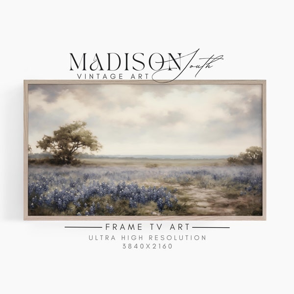 Samsung Frame TV Art | Neutral Landscape Art | Vintage Oil Painting of A Field of Texas Bluebonnets | JPG Digital Download | FRAME#119