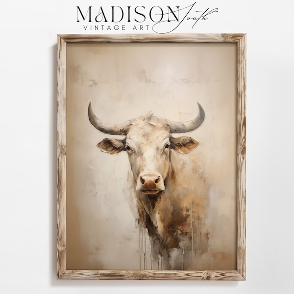 Art Print Digital Download | Vintage Bull Longhorn Portrait Art Print | Antique Rustic Texas Cattle Oil Painting | JPG Art Print | ART#142