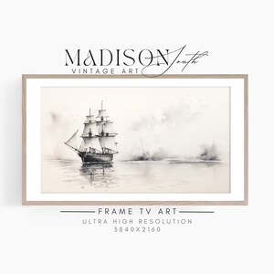 Samsung Frame TV Art | Neutral Seascape Art | Digital Watercolor Painting | Watercolor Digital Art of Ship at Sea | JPG Download | FRAME#702