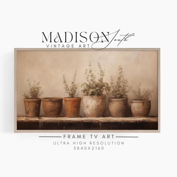 Samsung Frame TV Art | Neutral Plants Art | Digital Oil Painting | Vintage Painting Terracotta Pots of Herbs | JPG Download | FRAME#116