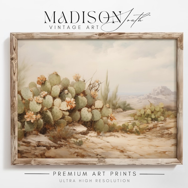 Art Print Digital Download | Desert Mountain Valley Vintage Oil Painting | Cactus Art | Neutral Landscape Art | JPG Art Print | ART#341