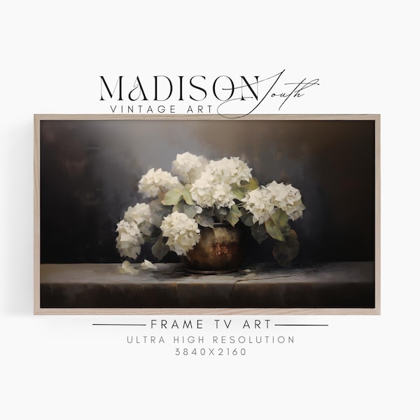 Samsung Frame TV Art | Moody Neutral Floral Art | Digital Oil Painting | Vintage Painting of Potted Hydrangeas | JPG Download | FRAME#434