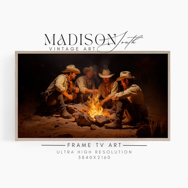 Samsung Frame TV Art | Cowboys Around A Campfire Vintage Painting | Antique Rustic Western Oil Painting | JPG Digital Download | FRAME#704