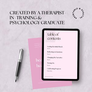 May include: A digital tablet displays a "table of contents" for a mental health guide. A pink paper with the text "Your Mental Health" and a silver pen are next to the tablet. The image includes the text "Created by a Therapist-in-Training & Psychology Graduate."