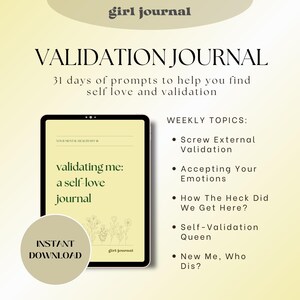 Może przedstawiać: Okładka cyfrowego dziennika z żółtym tłem i tekstem "VALIDATION JOURNAL" w kolorze czarnym. Tekst "31 dni podpowiedzi, które pomogą ci znaleźć miłość do siebie i akceptację" również jest czarny. Okładka dziennika jest pokazana na tablecie z zielonym tłem i tekstem "validating me: a self-love journal" w kolorze czarnym. Tekst "INSTANT DOWNLOAD" jest biały na czarnym tle. Tekst "WEEKLY TOPICS" jest czarny. Tekst "Screw External Validation", "Accepting Your Emotions", "How The Heck Did We Get Here?", "Self-Validation Queen", i "New Me, Who Dis?" jest czarny.
