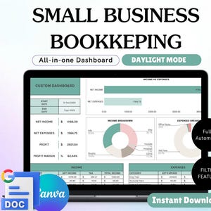 以下が含まれることがあります： 緑と白のカラーテーマでスプレッドシートを表示しているコンピューター画面。スプレッドシートには、収入と支出、利益率、収入の内訳を示すビジネスダッシュボードが表示されています。画面の上部には「Small Business Bookkeeping」というテキストが表示されています。画面の右側には「Fully Automated」と「Filter Feature」というテキストが表示されています。画面の下部には「Instant Download」というテキストが表示されています。