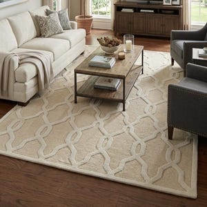 Hand Tufted Wool Trellis Rug, Loop and Cut Pile, Beige Transitional Living Room Decor
