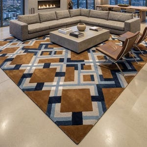 Oversized Living Room Carpet, Hand Tufted Wool Area Rug, Mid Century Interlocking Square Accent