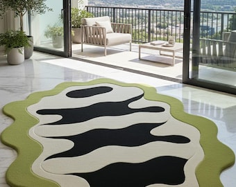Wavy Abstract Rug – Green Black Modern Irregular Shape Wool Carpet