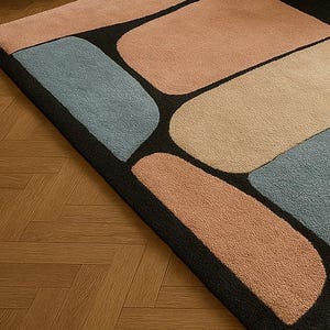 May include: A modern area rug with a geometric design. The rug features large, rounded rectangular shapes in shades of peach, beige, and blue, set against a black background. The rug is placed on a wooden floor.