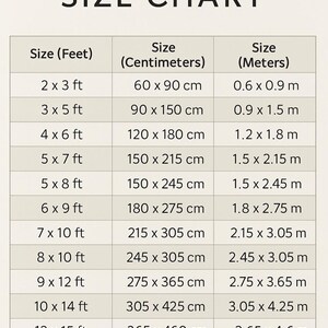 Rugs Size Chart which show Size convert in Feet, Centimetres and meters.
