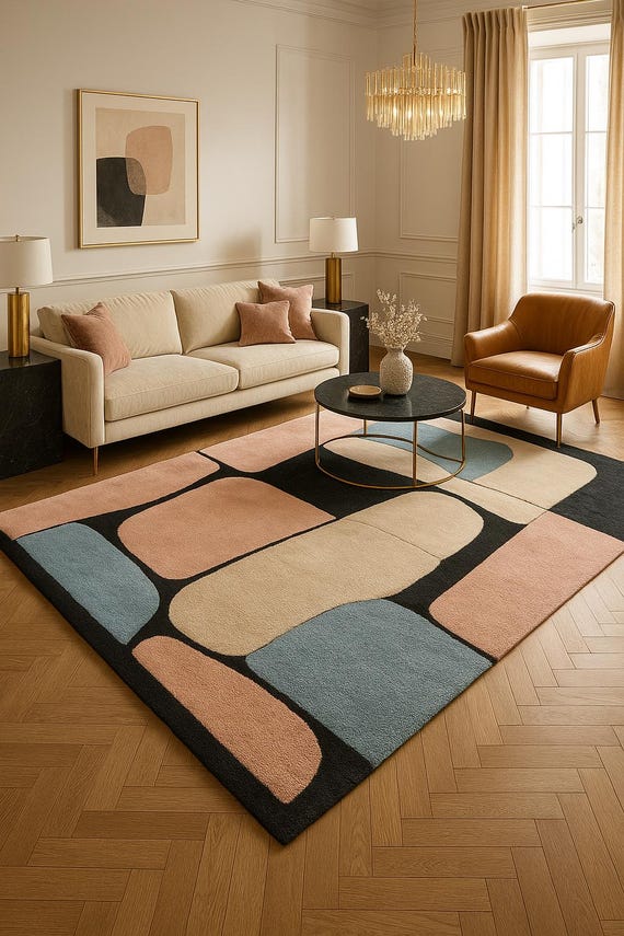 Modern Color Block Rug – Handmade Wool Geometric Carpet, Mid-Century Contemporary Living Room Rug