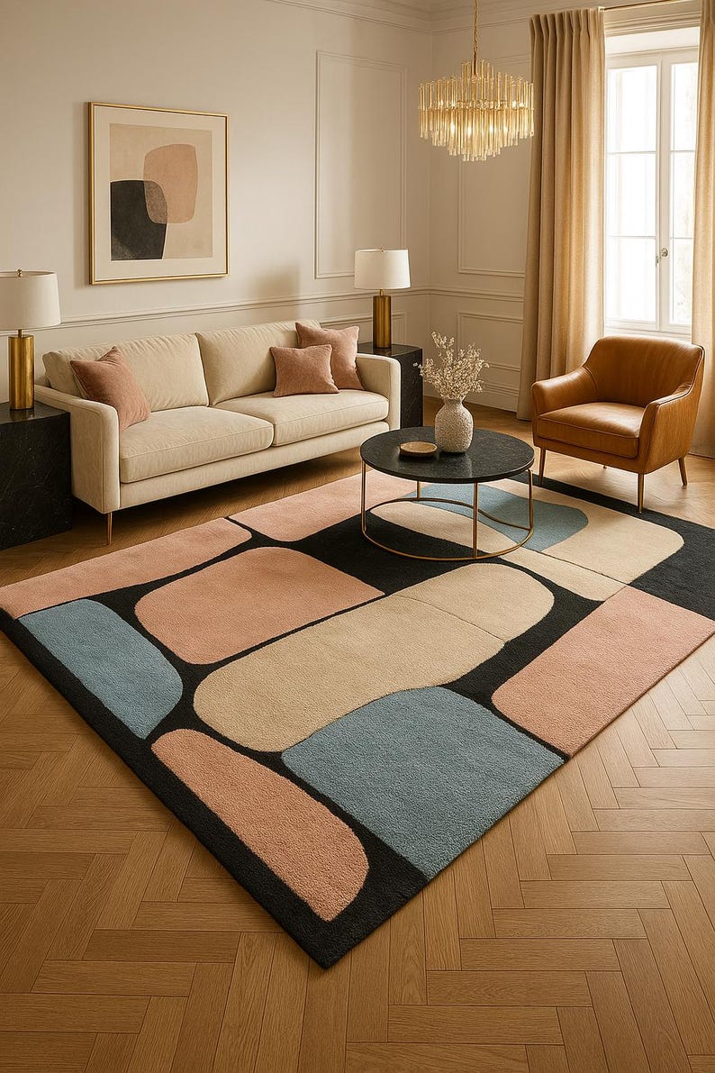 May include: A modern area rug with an abstract design. The rug features large, irregular shapes in shades of peach, beige, and blue against a black background. The rug is placed in a living room with a sofa, armchair, and coffee table.